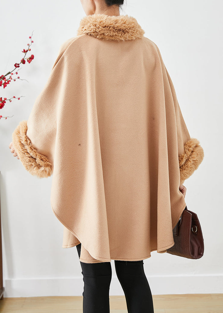 Light Camel Woolen Trench Oversized Fur Collar Batwing Sleeve