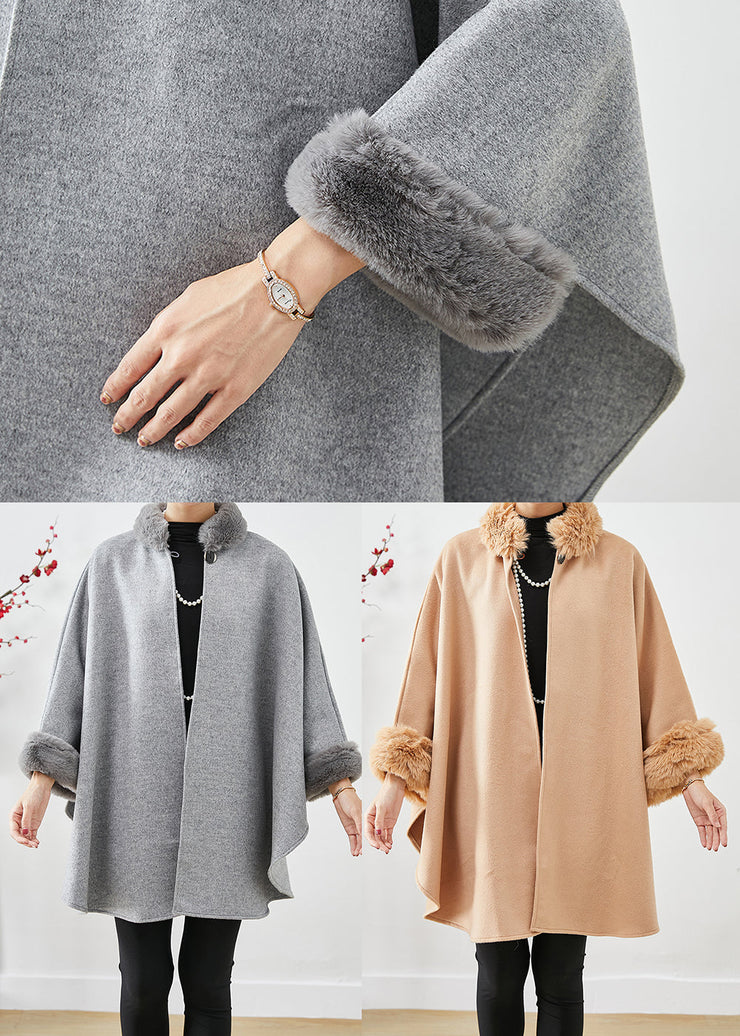 Light Camel Woolen Trench Oversized Fur Collar Batwing Sleeve