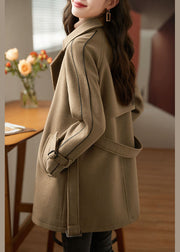 Light Coffee Pockets Patchwork Sashes Thick Woolen Coats Long Sleeve