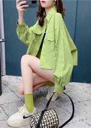 Light Green Cotton Shirt Top Peter Pan Collar Buton Batwing Sleeve