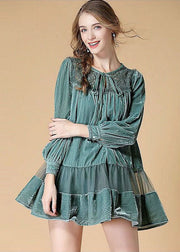 Light Green Embroideried Velour Dress O Neck Spring