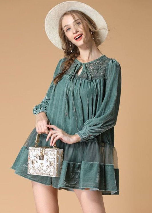 Light Green Embroideried Velour Dress O Neck Spring