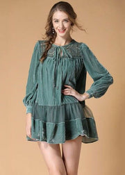 Light Green Embroideried Velour Dress O Neck Spring