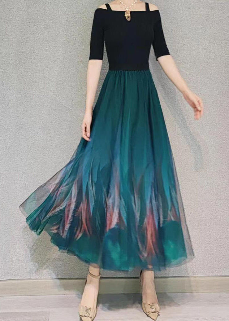 Light Green Gradient Color Print Tulle Skirt Wrinkled Spring