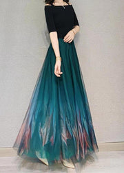 Light Green Gradient Color Print Tulle Skirt Wrinkled Spring