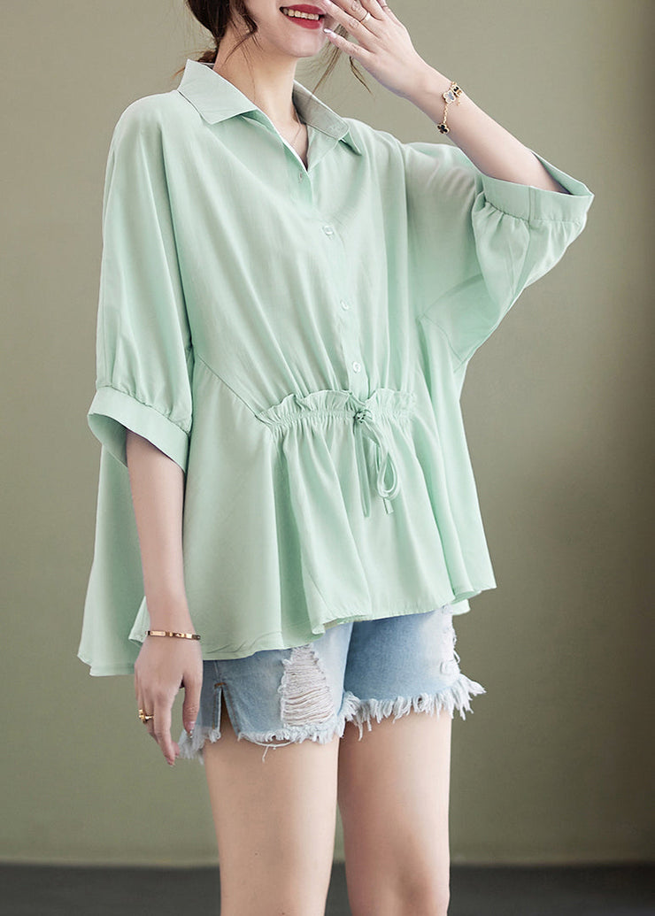 Light Green Loose Cotton Tops Ruffled Tie Waist Batwing Sleeve