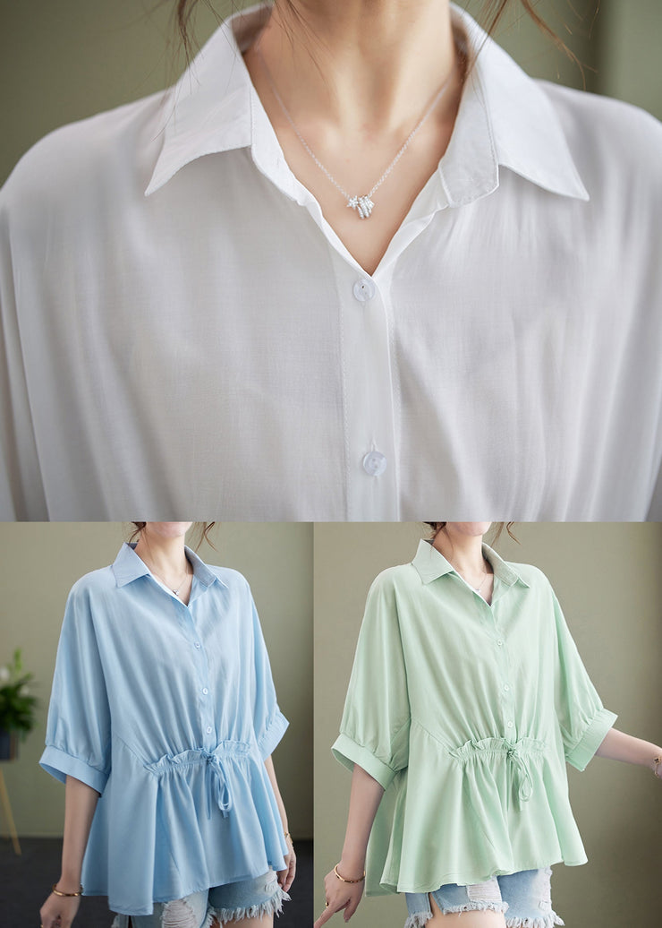 Light Green Loose Cotton Tops Ruffled Tie Waist Batwing Sleeve