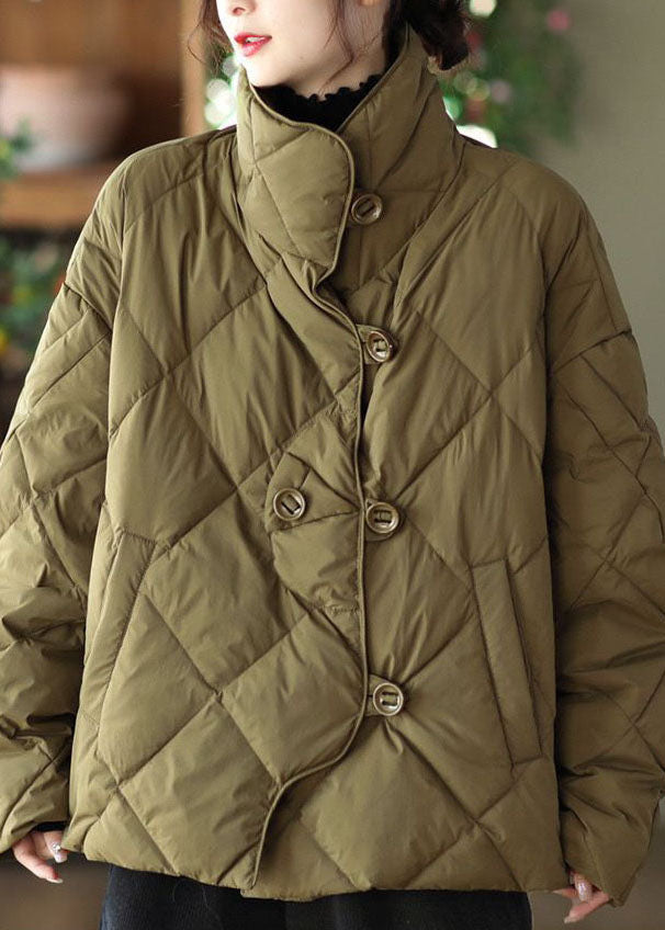 Light Green Loose Duck Down Jacket In Winter Stand Collar Button Winter