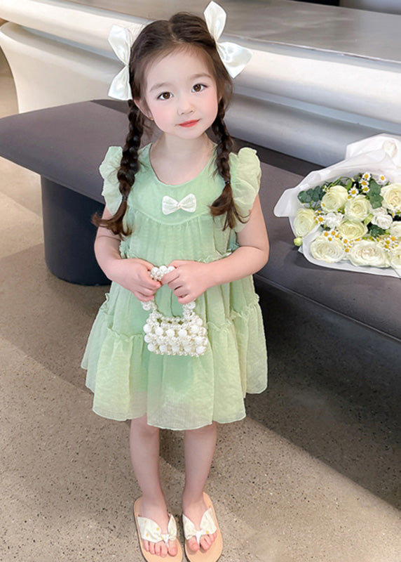 Light Green O-Neck Tulle Girls Mid Dresses Short Sleeve