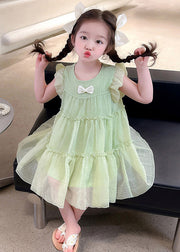 Light Green O-Neck Tulle Girls Mid Dresses Short Sleeve