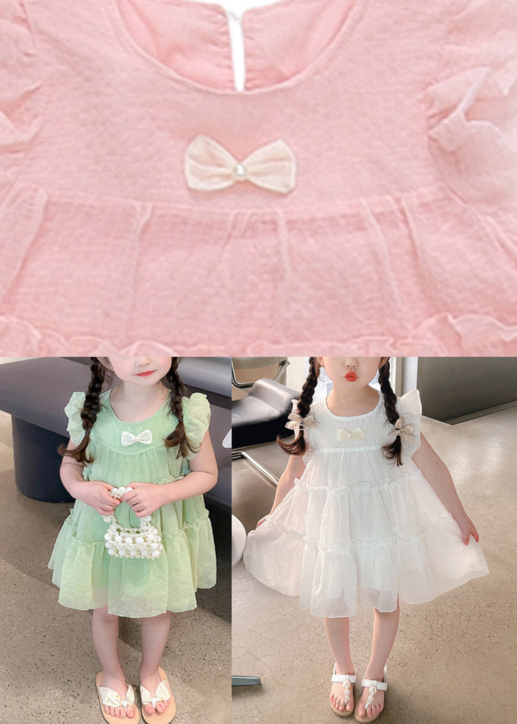 Light Green O-Neck Tulle Girls Mid Dresses Short Sleeve