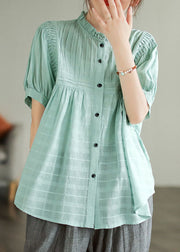 Light Green Patchwork Cotton Shirts Top Wrinkled Button Summer