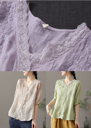 Light Green Patchwork Lace Linen Shirts V Neck Half Sleeve