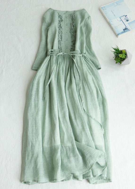 Light Green Patchwork Linen Dresses Ruffled Button Summer