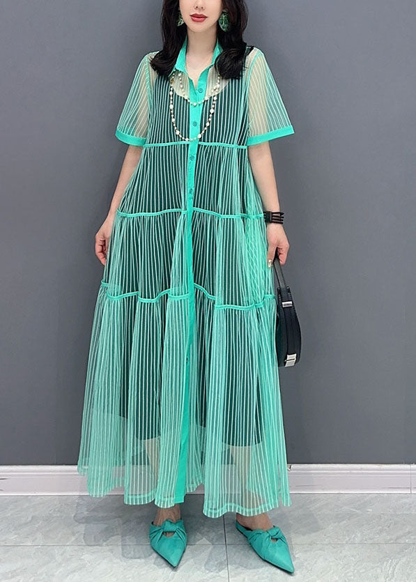 Light Green Patchwork Tulle Shirts Dress Peter Pan Collar Wrinkled Summer