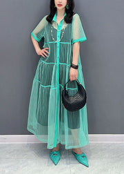 Light Green Patchwork Tulle Shirts Dress Peter Pan Collar Wrinkled Summer