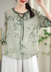 Light Green Print Linen Blouses Oversized Bracelet Sleeve