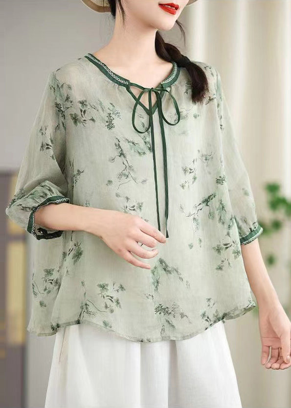 Light Green Print Linen Blouses Oversized Bracelet Sleeve