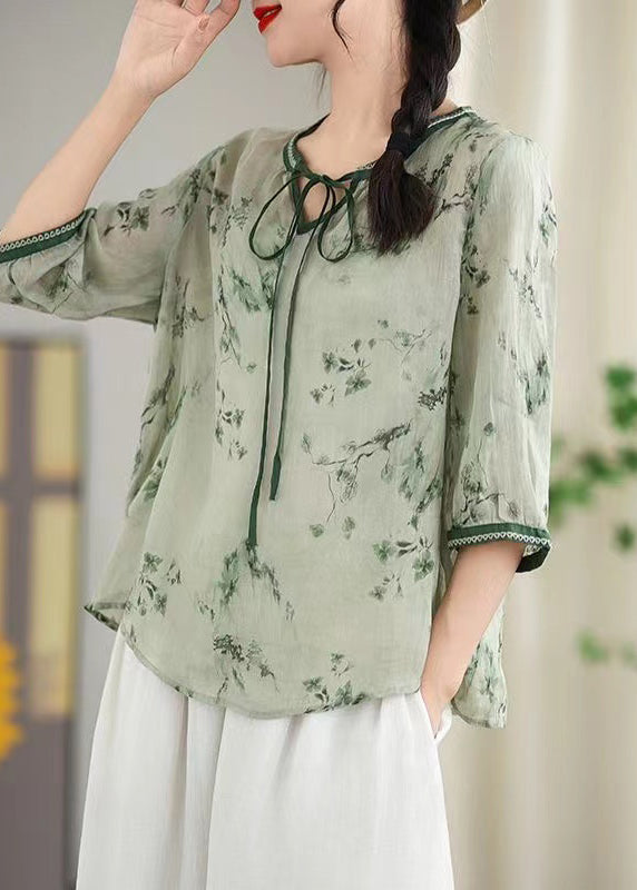 Light Green Print Linen Blouses Oversized Bracelet Sleeve