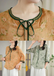 Light Green Print Linen Blouses Oversized Bracelet Sleeve