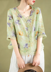 Light Green Print Patchwork Linen Shirt Top V Neck Half Sleeve