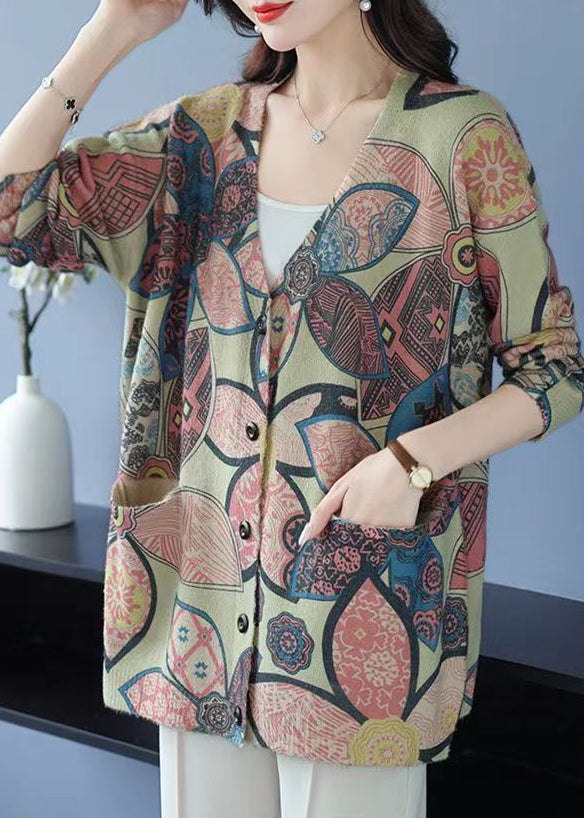 Light Green Print Patchwork Mink Hair Knitted Coats V Neck Long Sleeve