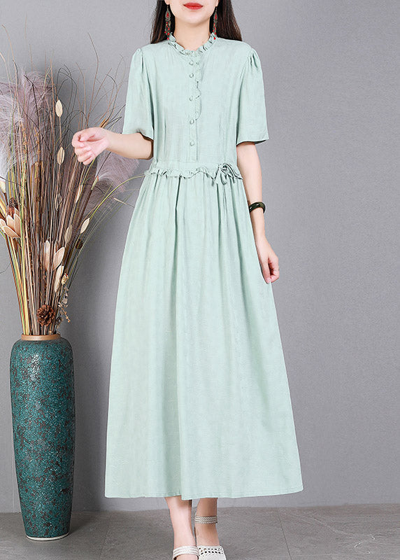 Light Green Print Tie Waist Linen Maxi Dresses Short Sleeve