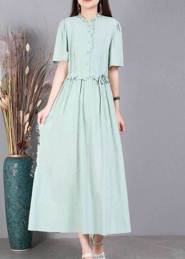 Light Green Print Tie Waist Linen Maxi Dresses Short Sleeve