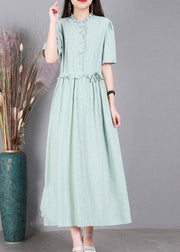 Light Green Print Tie Waist Linen Maxi Dresses Short Sleeve