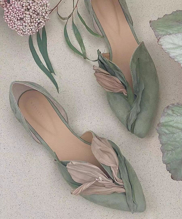 Light Green Suede Flat Shoes Comfortable Splicing Pointed Toe