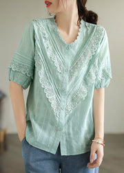 Light Green V Neck Lace Patchwork Ruffled Cotton Shirt Short Sleeve