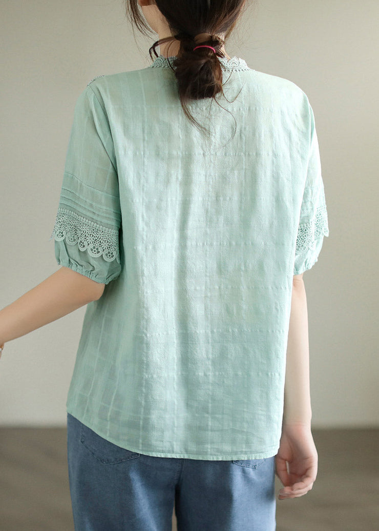 Light Green V Neck Lace Patchwork Ruffled Cotton Shirt Short Sleeve