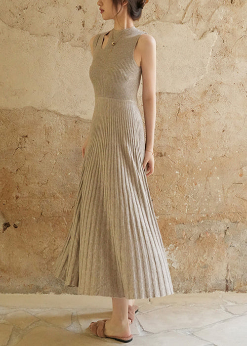 Light Grey High Waist Knit Long Dresses Wrinkled Summer