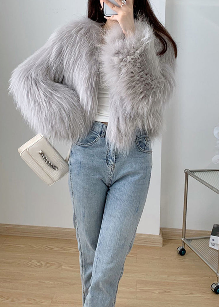 Light Grey Patchwork Faux Fur Coat V Neck Winter