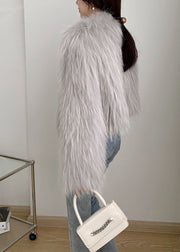 Light Grey Patchwork Faux Fur Coat V Neck Winter