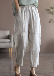 Light Grey Pockets Patchwork Linen Crop Pants Summer