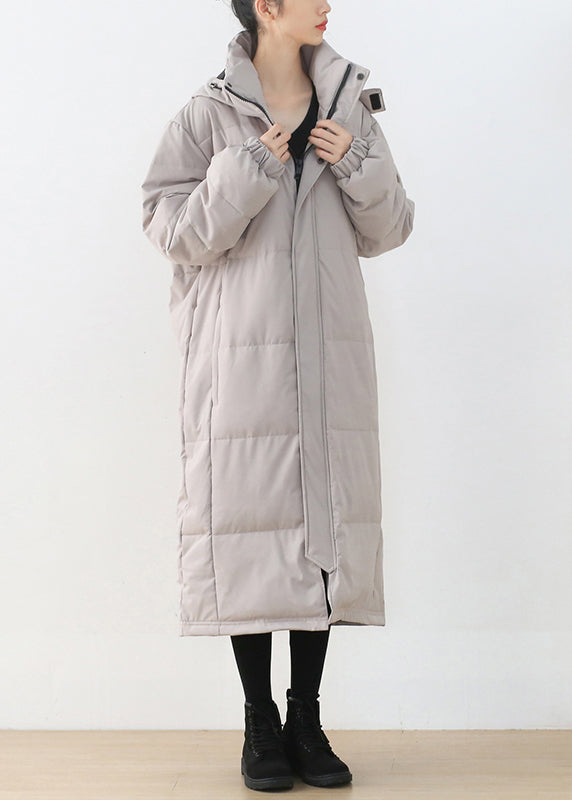 Light Grey Stand Collar Button Pockets Zippered Duck Down Coat Long Sleeve