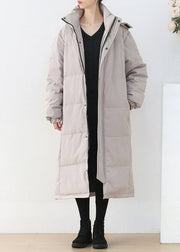 Light Grey Stand Collar Button Pockets Zippered Duck Down Coat Long Sleeve