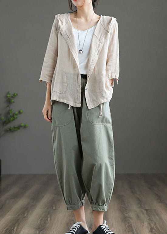 Light Khaki Pockets Patchwork Linen Hooded Coat Button Summer