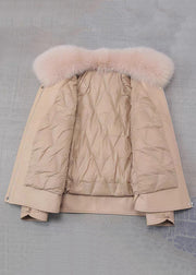 Light Khaki Zippered Patchwork Parka Fur Collar Winter