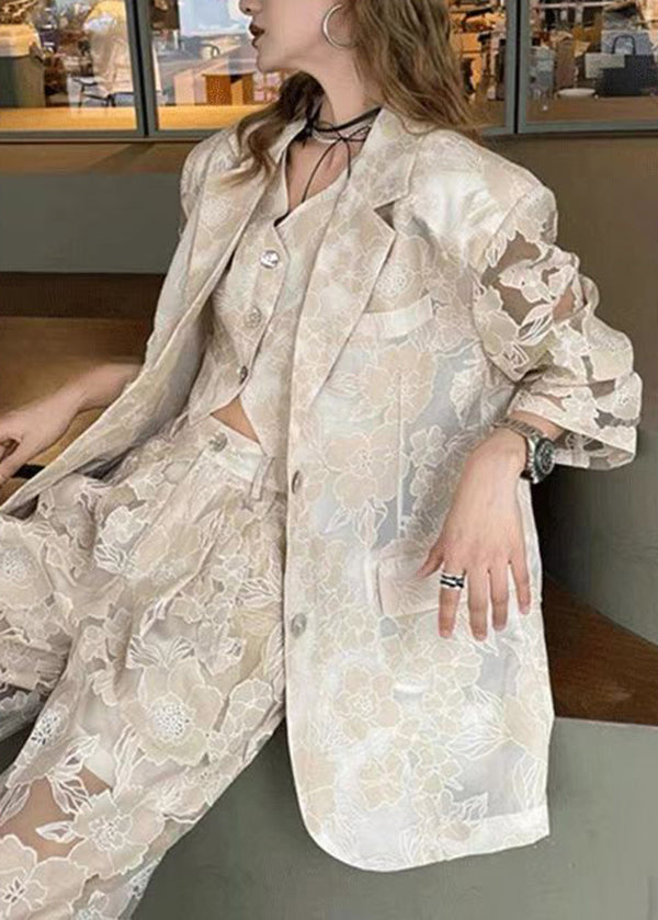 Light Luxury White Hollow Lace Suit Vest Pants Three Piece Set