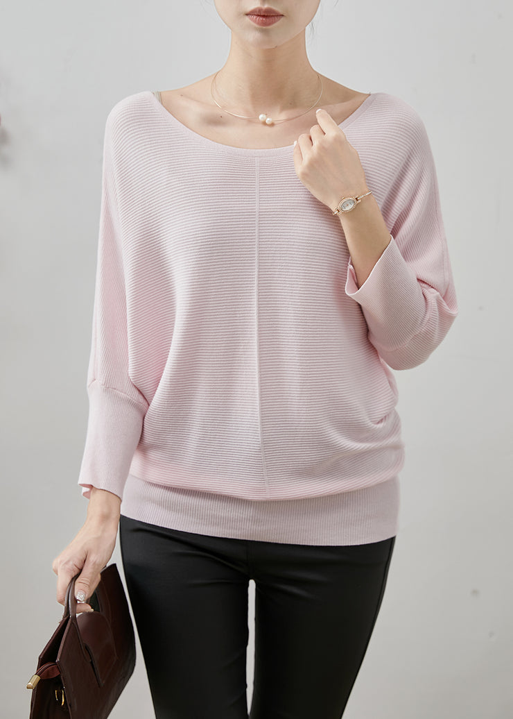 Light Pink Loose Knit Shirt Tops O-Neck Batwing Sleeve