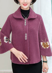 Light Purple Mink Hair Knitted Jackets Square Collar Embroideried Winter