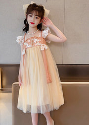 Light Yellow Square Collar Patchwork Tulle Girls Long Dresses Summer