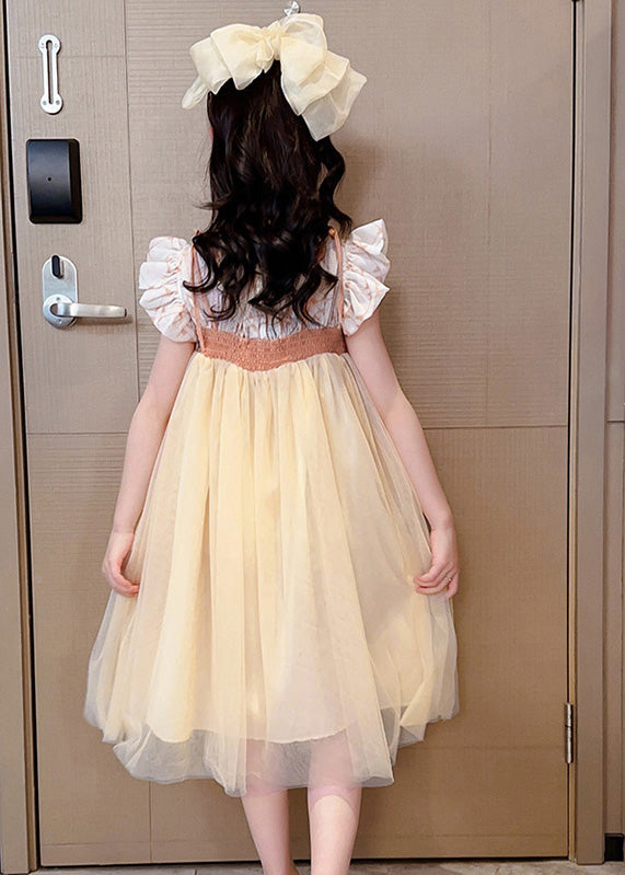 Light Yellow Square Collar Patchwork Tulle Girls Long Dresses Summer