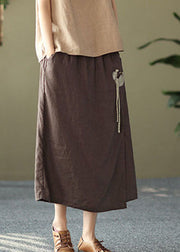 Linen Color Pockets Linen Skirts Side Open Oriental Button Summer