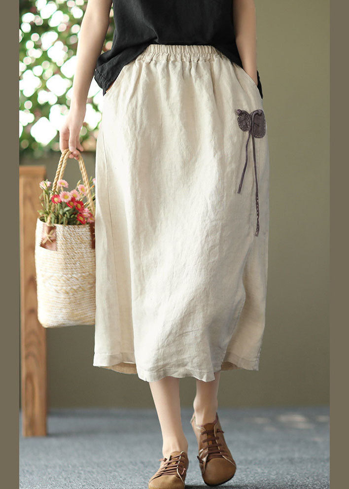 Linen Color Pockets Linen Skirts Side Open Oriental Button Summer