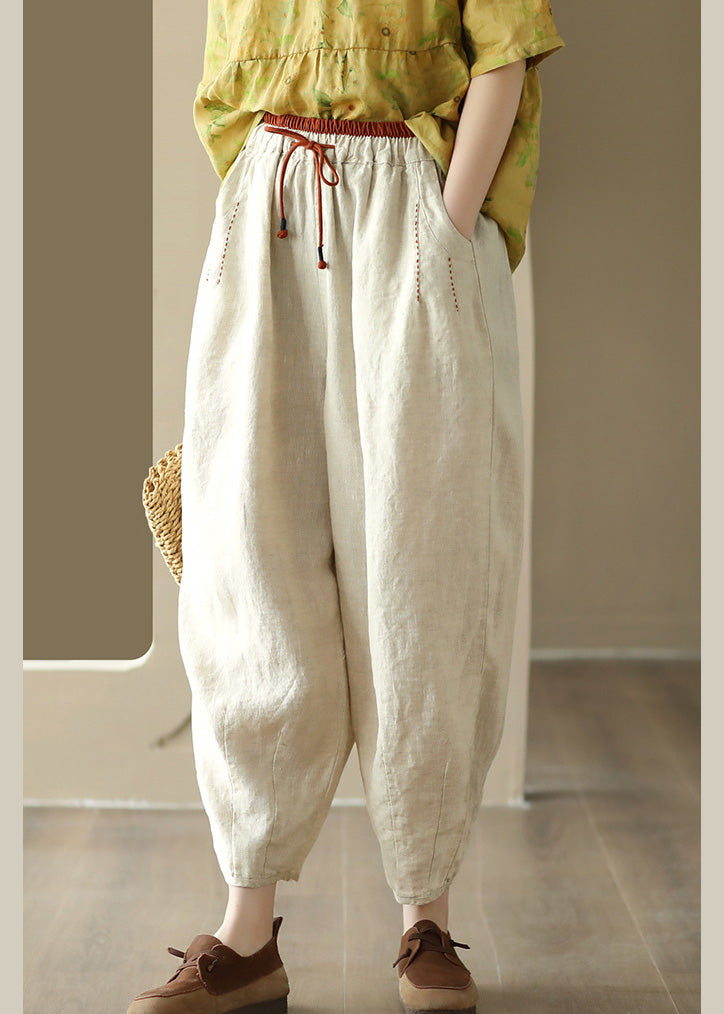 Linen Colour Elastic Waist Solid Linen Pants Summer