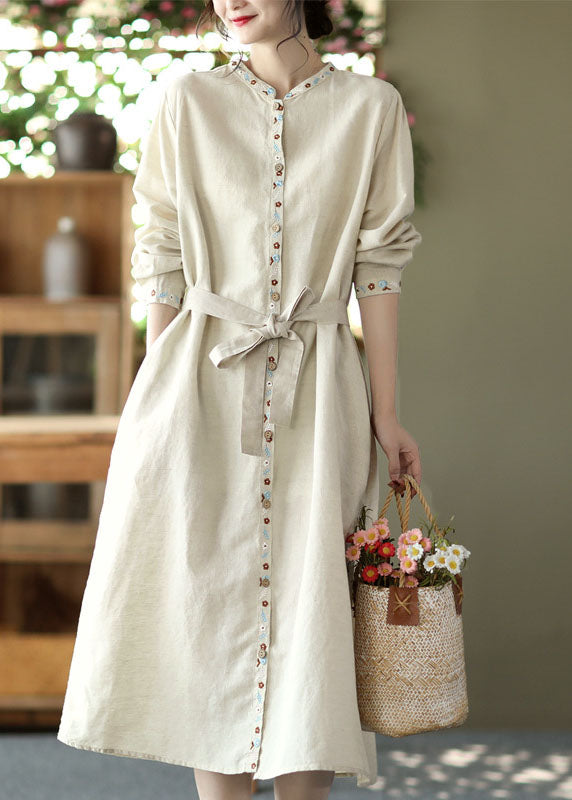 Linen Colour Pockets Patchwork Linen Long Dress Tie Waist Long Sleeve