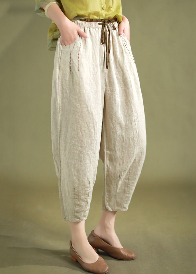 Linen Lace Up Linen Harem Pants Elastic Waist Summer